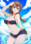  1girl :d ahoge arm_up bangs bare_arms bare_shoulders bikini bikini_under_clothes black_bikini blue_eyes blue_shorts blue_sky blush bow braid breasts brown_hair cleavage clip_studio_paint_(medium) cloud cloudy_sky commentary_request day eyebrows_visible_through_hair front-tie_bikini front-tie_top hair_between_eyes hair_bow hair_flaps highres kantai_collection long_hair medium_breasts navel open_bikini open_clothes open_mouth outdoors red_bow remodel_(kantai_collection) sakikumo_(sakumo) shigure_(kantai_collection) short_shorts shorts single_braid sky smile solo splashing swimsuit wading water 
