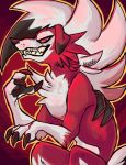  2020 3_fingers anthro black_claws black_nose canid canine claws fangs fingers fur hair hi_res lycanroc male mammal midnight_lycanroc nickel94557702 nintendo pawpads pok&eacute;mon pok&eacute;mon_(species) red_body red_eyes red_fur red_sclera sharp_teeth signature smile teeth video_games were werecanid werecanine white_body white_fur 