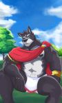 adastra amicus_(adastra) anthro blue_eyes bracelet canid canine canis clothing echo_project frankescobarx fur grey_body grey_fur hi_res jewelry loincloth male mammal muscular muscular_male nipples solo video_games visual_novel wolf 