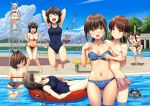  6+girls armpits ayanami_(kantai_collection) bikini blue_bikini blush breasts brown_eyes brown_hair cleavage day fubuki_(kantai_collection) green_eyes hatsuyuki_(kantai_collection) highres ichikawa_feesu isonami_(kantai_collection) kantai_collection long_hair medium_breasts miyuki_(kantai_collection) multiple_girls navel one-piece_swimsuit open_mouth partially_submerged polka_dot polka_dot_bikini polka_dot_swimsuit pool shikinami_(kantai_collection) shirayuki_(kantai_collection) short_hair swimsuit uranami_(kantai_collection) wading water 