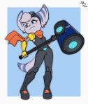  absurd_res anthro blue_eyes clothed clothing ear_piercing eyewear female fur goggles goggles_on_head hi_res lombax mammal neckerchief nekonek64 piercing prosthetic prosthetic_arm prosthetic_limb ratchet_and_clank rift_apart_lombax simple_background solo stripes video_games weapon 