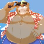  1:1 2020 anthro ashigara belly clothed clothing eyewear hi_res humanoid_hands kemono male mammal moobs navel nipples open_shirt outside overweight overweight_male shirt solo sunglasses tokyo_afterschool_summoners topwear ursid video_games water yurunezi 