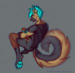  anthro canid canine canis domestic_dog ear_piercing german_shepherd herding_dog male mammal pastoral_dog piercing rexwind solo text turquoise_hair turquoise_pawpads url 