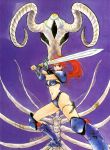  1980s_(style) 1girl armor armored_boots asagiri_youko bikini_armor bone boots fighting_stance genmu_senki_leda high_ponytail highres holding holding_sword holding_weapon horns inomata_mutsumi knee_boots looking_at_viewer monster navel oldschool pauldrons red_hair shoulder_armor side_ponytail signature solo sword two-handed weapon 