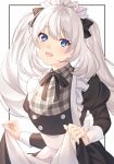  1girl :d akapug621 alternate_costume apron blue_eyes bow enmaided fate/grand_order fate_(series) hair_bow maid maid_apron maid_headdress marie_antoinette_(fate/grand_order) open_mouth plaid skirt_hold smile twintails white_hair 