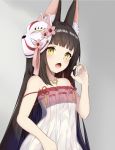  1girl :&lt;&gt; animal_ear_fluff animal_ears azur_lane bangs bare_shoulders black_hair blunt_bangs blush bra breasts camisole collarbone commentary_request eyebrows_visible_through_hair fellatio_gesture fox_ears fox_mask grey_background hair_ornament implied_sex long_hair looking_at_viewer mask mask_on_head midriff nagato_(azur_lane) nagato_(great_fox&#039;s_sleepwear)_(azur_lane) navel open_mouth ponta_(velmar) red_bra see-through sidelocks sitting small_breasts solo strap_slip underwear upper_body very_long_hair yellow_eyes 