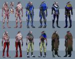 2_toes 3_fingers abstract_background alien animal_genitalia anthro armor blue_clothing blue_eyes blue_markings bottomwear brown_clothing carapace clothed clothing fingers furgonomics garrus_vakarian genital_slit genitals ghostfire gloves green_bottomwear green_clothing green_pants handwear hi_res male markings mass_effect model_sheet nude pants pink_body pink_skin plates red_clothing robe scutes sleeveless slit solo spurs standing toes topless turian video_games white_clothing white_gloves 