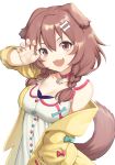  1girl 9nojo :3 :d animal_ears arm_up bangs bare_shoulders blue_bow blush bone_hair_ornament bow braid breasts brown_eyes brown_hair cleavage collar collarbone commentary dog_ears dog_girl dog_tail dress fangs hair_between_eyes hair_ornament hair_over_shoulder hairclip highres hololive inugami_korone jacket long_hair long_sleeves looking_at_viewer medium_breasts off_shoulder open_clothes open_mouth red_collar simple_background sleeveless sleeveless_dress smile solo tail twin_braids upper_body virtual_youtuber white_background yellow_jacket 