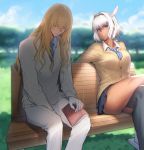  1boy 1girl animal_ears bench black_legwear blonde_hair blurry blurry_background book caenis_(fate) crossed_legs dark_skin day fate/grand_order fate_(series) gloves hair_intakes highres kirschtaria_wodime long_hair necktie outdoors sabamori school_uniform single_thighhigh sitting sweater thighhighs white_gloves white_hair 