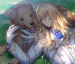  1boy ? androgynous animal blonde_hair dog fate/grand_order fate_(series) formal gloves highres kirschtaria_wodime long_hair lying male_focus on_back outdoors sabamori shade suit tongue tongue_out white_gloves 