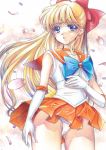  1girl aino_minako ass_visible_through_thighs bishoujo_senshi_sailor_moon blonde_hair blue_eyes bow cameltoe choker gloves graphite_(medium) hair_bow highres marker_(medium) mechanical_pencil parted_lips pencil petals pleated_skirt red_bow sailor_collar sailor_moon sailor_venus skirt solo tomoeri traditional_media wind 