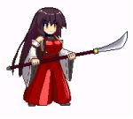  1girl black_hair closed_mouth eyebrows_visible_through_hair hakama holding holding_weapon japanese_clothes long_hair lowres nontraditional_miko pixel_art polearm red_hakama ribbon-trimmed_sleeves ribbon_trim sendai_hakurei_no_miko simple_background solo spear touhou tsukimiya_toito weapon white_background white_sleeves yellow_eyes 