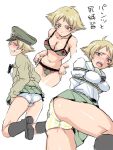  1girl adjusting_clothes adjusting_swimsuit blonde_hair blush boots breasts closed_eyes erwin_(girls_und_panzer) girls_und_panzer green_skirt looking_at_viewer medium_breasts multiple_views navel ooarai_school_uniform panties rinoko school_uniform serafuku shibari short_hair skirt striped striped_panties swimsuit thighs underwear white_background white_panties yellow_eyes 