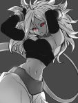  1girl android_21 armpits black_background black_sclera bracelet breasts cleavage detached_sleeves dragon_ball dragon_ball_fighterz greyscale hands_up jewelry kemachiku long_hair looking_at_viewer majin_android_21 medium_breasts midriff monochrome navel red_eyes simple_background solo tail 