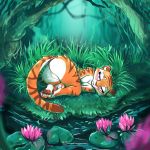  1:1 2020 anthro breasts butt detailed_background dreamworks featureless_breasts featureless_crotch felid female fur grass hi_res kiaun kung_fu_panda light lighting lily_pad lying mammal master_tigress orange_body orange_fur pantherine plant solo text tiger tree url water 