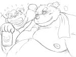  2020 4:3 anthro belly blush burenai canid canine canis cu_sith_(tas) domestic_dog duo eyes_closed eyewear glasses hi_res kemono leib_(tas) male mammal monochrome moobs nipples obese overweight overweight_male polar_bear tokyo_afterschool_summoners towel ursid ursine video_games 
