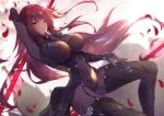  1girl absurdres arm_up bangs bodysuit breasts closed_mouth covered_navel fate/grand_order fate_(series) gae_bolg hair_between_eyes hair_intakes highres large_breasts long_hair looking_at_viewer pauldrons petals polearm purple_bodysuit purple_hair red_eyes scathach_(fate)_(all) scathach_(fate/grand_order) shoulder_armor smile spear thighs vanitas_0 weapon 