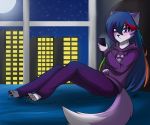  anthro bed canid canine canis cellphone clothed clothing detailed_background erdfurry female fur furniture hair lanna_(erdfurry) mammal moon multicolored_body multicolored_fur multicolored_hair phone purple_body purple_fur sitting solo white_body white_fur wolf 