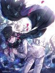 1boy artist_name black_cape black_hair black_headwear cape checkered checkered_scarf commentary_request danganronpa hair_between_eyes hat jacket long_sleeves looking_at_viewer male_focus medium_hair new_danganronpa_v3 open_mouth ouma_kokichi pants peaked_cap purple_eyes purple_hair scarf smile solo straitjacket torn_clothes twitter_username white_jacket white_pants z-epto_(chat-noir86) 