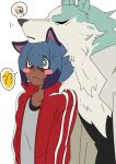  ? anthro black_nose blue_body blue_eyes blue_fur blue_hair blush brand_new_animal brown_body brown_fur canid canine canis chin_on_head clothed clothing female fur hair hi_res jacket male mammal michiru_kagemori raccoon_dog shirou_ogami short_hair simple_background studio_trigger tanuki topwear white_background wolf 