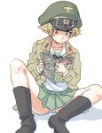  1girl blonde_hair boots erwin_(girls_und_panzer) girls_und_panzer goggles goggles_on_headwear green_skirt hat jacket military_hat ooarai_school_uniform panties pantyshot reading rinoko school_uniform sitting sketch skirt thighs underwear white_background white_panties 