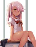  1girl backlighting bangs black_skirt blush bottomless breasts chloe_von_einzbern collared_shirt commentary_request dark_skin desk fate/kaleid_liner_prisma_illya fate_(series) highres homurahara_academy_uniform long_hair looking_at_viewer neck_ribbon one_side_up open_mouth orange_eyes pink_hair puffy_short_sleeves puffy_sleeves red_ribbon ribbon sen_(astronomy) shirt short_sleeves sitting skirt skirt_removed small_breasts swept_bangs thighs white_shirt window 