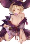  1girl bare_shoulders black_headband blonde_hair breasts brown_eyes condom condom_in_mouth condom_packet_strip condom_wrapper djeeta_(granblue_fantasy) granblue_fantasy hat headband large_breasts looking_at_viewer mouth_hold one_eye_closed purple_headwear reki_(dezuko) short_hair simple_background sitting skirt smile solo warlock_(granblue_fantasy) witch_hat 