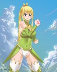  1girl absurdres bare_shoulders blonde_hair blush breasts brown_eyes cleavage covered_navel cowboy_shot detached_sleeves eyebrows_visible_through_hair fairy_tail frown gaston18 hair_between_eyes highres large_breasts leotard long_hair lucy_heartfilia ponytail solo standing thighhighs 
