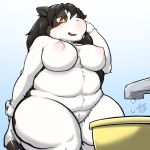  1:1 anthro areola black_body black_ears black_fur black_hair black_hooves bovid bovine cattle female fur hair hi_res hooves kemono mammal multicolored_body multicolored_fur nipples nude open_mouth overweight signature solo tsuchi_dash two_tone_body two_tone_fur water white_body white_fur white_pupils 