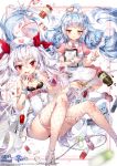  2girls absurdly_long_hair azur_lane bandaid_on_arm blue_hair bow breasts chain choker feet_out_of_frame fishnet_legwear fishnets garter_straps grey_wings hat hat_ornament heart_collar heterochromia hieihirai highres holding holding_syringe large_syringe long_hair metal_wings multiple_girls nicholas_(azur_lane) nicholas_(niconurse)_(azur_lane) nurse nurse_cap official_art oversized_object pill red_bow red_choker small_breasts syringe vampire vampire_(azur_lane) vampire_(little_devil_in_white)_(azur_lane) very_long_hair white_hair white_headwear wings 