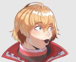  1boy blonde_hair blue_eyes english_commentary eyebrows_visible_through_hair grey_background highres looking_to_the_side male_focus meme nyantcha pogchamp portrait shulk simple_background turtleneck twitch.tv xenoblade_(series) xenoblade_1 