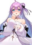 1girl absurdres ahoge azur_lane bare_shoulders blue_eyes blush commentary_request dress eyebrows_visible_through_hair hair_bun hair_ribbon hand_to_own_mouth highres jewelry long_hair long_sleeves looking_at_viewer open_mouth purple_hair ribbon ring side_bun simple_background solo strapless strapless_dress unicorn_(a_dream_of_pure_vows)_(azur_lane) unicorn_(azur_lane) very_long_hair wedding_dress wedding_ring white_background white_dress yamanokami_eaka 
