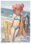  1girl alphonse_(white_datura) aqua_eyes bandaged_leg bandages bangs bare_shoulders beach bikini blue_bikini blue_ribbon blue_sky border breasts dated day double_bun fate/grand_order fate_(series) feet_out_of_frame frankenstein&#039;s_monster_(fate) frankenstein&#039;s_monster_(swimsuit_saber)_(fate) gloves half-closed_eyes headgear highres holding horizon horns looking_away looking_down navel neck_ribbon ocean open_clothes outdoors parted_bangs pink_gloves ribbon short_hair side-tie_bikini signature single_glove single_horn sky small_breasts solo standing stomach swimsuit water weapon white_border white_neckwear white_ribbon 
