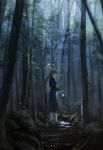  1girl artist_name blonde_hair braid character_request check_character check_copyright copyright_request dated dress forest highres hioki_yoshiko holding lantern long_hair looking_at_viewer nature original plant shoes single_braid solo tree wide_shot yellow_eyes 