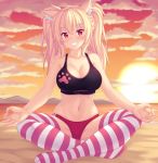  1girl absurdres animal_ear_fluff animal_ears bangs beach blonde_hair blush breasts buruma cat_ears cat_tail cleavage cloud cloudy_sky collarbone eyebrows_visible_through_hair fang fast-runner-2024 grin hair_between_eyes highres horizon huge_filesize indian_style large_breasts long_hair looking_at_viewer lotus_position midriff navel ocean original paid_reward patreon_reward red_buruma red_eyes sand sidelocks sitting sky slit_pupils smile solo sports_bra striped striped_legwear sunset tail tiffy_(fast-runner-2024) twintails water 