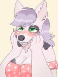  3:4 ahegao ahegao_face anthro big_breasts bodily_fluids breasts bull_terrier canid canine canis claws clementine clothed clothing cross-eyed domestic_dog dress dripping_tongue drooling ear_piercing female green_eyes grey_body grey_nose grey_skin grey_spots hair hand_on_face hi_res hunting_dog looking_pleasured mammal open_mouth open_smile overweight overweight_female piercing purple_hair saliva slightly_chubby slobber smile solo solo_focus space_waifu spots teeth terrier tongue wet white_body 