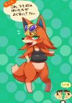  abstract_background animal_crossing anthro audie_(animal_crossing) blonde_hair blush bottomless bra breasts canid canine canis check_translation chibi clothed clothing dialogue eyewear eyewear_on_head female fur green_eyes hair hi_res human japanese_text kemono male mammal nintendo open_mouth orange_body orange_fur pigeon_toed shinobe short_stack smile solo_focus sports_bra sunglasses sunglasses_on_head text translation_request underwear video_games villager_(animal_crossing) wide_hips wolf 