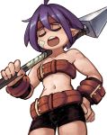  ahoge androgynous bandaid bandaid_on_face bare_shoulders belt beltbra bike_shorts closed_eyes disgaea female_warrior_(disgaea) hand_on_hip headband highres holding holding_spear holding_weapon makai_senki_disgaea midriff multiple_belts navel open_mouth polearm purple_hair scar short_hair solo spear weapon white_background zako_(arvinry) 