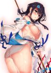  1girl ass bangs bare_shoulders black_hair blue_eyes blue_ribbon blush breasts dress fate/grand_order fate/requiem fate_(series) fundoshi highres japanese_clothes jewelry kawai large_breasts long_sleeves looking_at_viewer magatama magatama_hair_ornament medium_hair multicolored_hair necklace parted_lips pelvic_curtain pink_hair polearm puffy_long_sleeves puffy_sleeves ribbon short_dress sideboob sideless_outfit spear streaked_hair thighs utsumi_erise weapon wet wet_clothes white_dress 