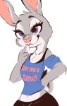  2020 anthro cheek_tuft clothed clothing disney facial_tuft female fully_clothed fur grey_body grey_fur head_tuft hi_res judy_hopps lagomorph leporid mammal midriff pink_nose purple_eyes rabbit simple_background smile solo tohupo tuft white_background zootopia 