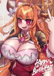  1girl :p bow breasts cleavage diagonal-striped_bow dragon_girl dragon_horns dragon_tail fang highres hololive horn_bow horns huge_breasts kiryuu_coco large_breasts long_hair looking_at_viewer middle_finger multicolored_hair orange_hair osiimi red_eyes solo streaked_hair tail thick_thighs thighs tongue tongue_out virtual_youtuber 