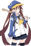  1girl backpack bag baseball_bat black_legwear black_skirt blue_headwear blush brown_eyes brown_hair disgaea hair_between_eyes hat holding holding_baseball_bat ixy jacket kazamatsuri_fuuka long_hair long_sleeves looking_at_viewer makai_senki_disgaea_4 pleated_skirt simple_background skirt solo thighhighs twintails two-tone_jacket very_long_hair white_background yellow_neckwear zettai_ryouiki 