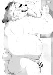  2020 anthro balls belly blush bodily_fluids butt censored genitals hi_res humanoid_hands japanese_text kemono male mammal monochrome overweight overweight_male penis shintatokoro solo sweat text ursid 