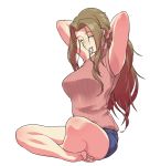  1girl armpits barefoot brown_hair closed_eyes denim denim_shorts evep_(all-dance) hair_tie highres idolmaster idolmaster_million_live! indian_style long_hair mouth_hold nikaidou_chizuru ribbed_sweater shorts simple_background sitting sleeveless_sweater solo sweater white_background 