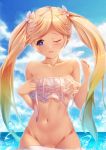  1girl bangs bikini blonde_hair blue_eyes blue_sky blush breasts collarbone commentary_request dark_skin flower frilled_bikini frills gradient_hair granblue_fantasy hair_flower hair_ornament highres io_euclase long_hair medium_breasts mochi19901019 multicolored_hair navel ocean one_eye_closed open_mouth rainbow_hair revision sky smile swept_bangs swimsuit tan twintails white_bikini 