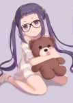  1girl absurdres bangs blunt_bangs commentary file112056 glasses highres looking_at_viewer oogaki_chiaki purple_eyes purple_hair simple_background sitting solo stuffed_animal stuffed_toy teddy_bear twintails wariza younger yurucamp 