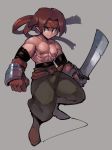  1boy abs baggy_pants black_sleeves brown_gloves brown_hair clenched_hand detached_sleeves disgaea frown full_body gloves grey_background headband highres holding holding_sword holding_weapon male_focus male_warrior_(disgaea) muscle pants red_headband shirtless solo sword tan weapon zako_(arvinry) 