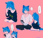  1boy 1girl :d animal_ears antenna_hair arm_grab backlighting bangs barefoot between_legs between_thighs black_pants blue_hair blush body_blush brother_and_sister cat_boy cat_ears cat_girl cat_tail cellphone clenched_hand closed_eyes closed_mouth collarbone dot_nose eye_contact eyebrows from_side furrowed_eyebrows hair_between_eyes half-closed_eye hand_between_legs hand_up head_down highres holding holding_phone indian_style jitome long_hair looking_at_another looking_down looking_up loose_clothes loose_shirt motion_lines multiple_views navy_blue_shirt niwabuki noshime_ruka off_shoulder one_eye_closed open_mouth original pants phone pink_background profile puckered_lips red_eyes rubbing_eyes satonaka_kei shirt short_sleeves siblings signature simple_background sitting sleepy sleeves_past_elbows smartphone smile speech_bubble t-shirt tail translation_request white_shirt yokozuwari 