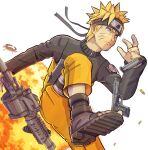  1boy blonde_hair blue_eyes bullet closed_mouth crab crossover explosion forehead_protector fortnite grenade_launcher gun handgun highres jacket konohagakure_symbol magazine_(weapon) male_focus naruto_(series) naruto_shippuuden ninja orange_jacket orange_pants pants pistol sandals shoe_soles short_hair simple_background solo spiked_hair stormyorha sweat uzumaki_naruto weapon white_background 