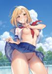  1girl :d ahoge bangs blonde_hair blue_sailor_collar blue_skirt blue_sky blush breasts breasts_outside cloud commentary_request cowboy_shot day exhibitionism finger_to_mouth grin index_finger_raised lifted_by_self looking_at_viewer medium_breasts meo miniskirt navel neckerchief nipples no_bra no_panties open_mouth orange_eyes original outdoors pleated_skirt pubic_hair red_neckwear sailor_collar see-through shirt shirt_lift short_hair short_sleeves skirt skirt_lift sky smile solo swept_bangs teeth thighs tree water_drop wet wet_clothes wet_shirt white_shirt 